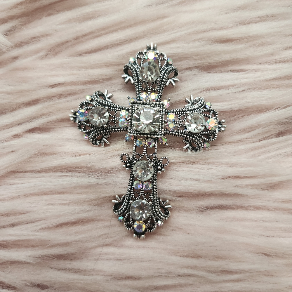 Silver Cross Brooch Pendant Rhinestone Aurora Borealis Crystals